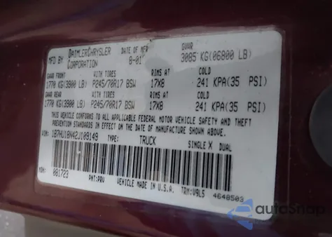 2002 Dodge Ram 1500 St из США, поврежденный, VIN 1B7HU18N42J109149